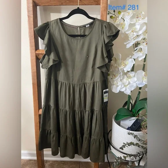 tommy hilfiger olive green dress Tommy Hilfiger Size 16 Navy/Green/White Stripe Pre-Owned Ladies Dress